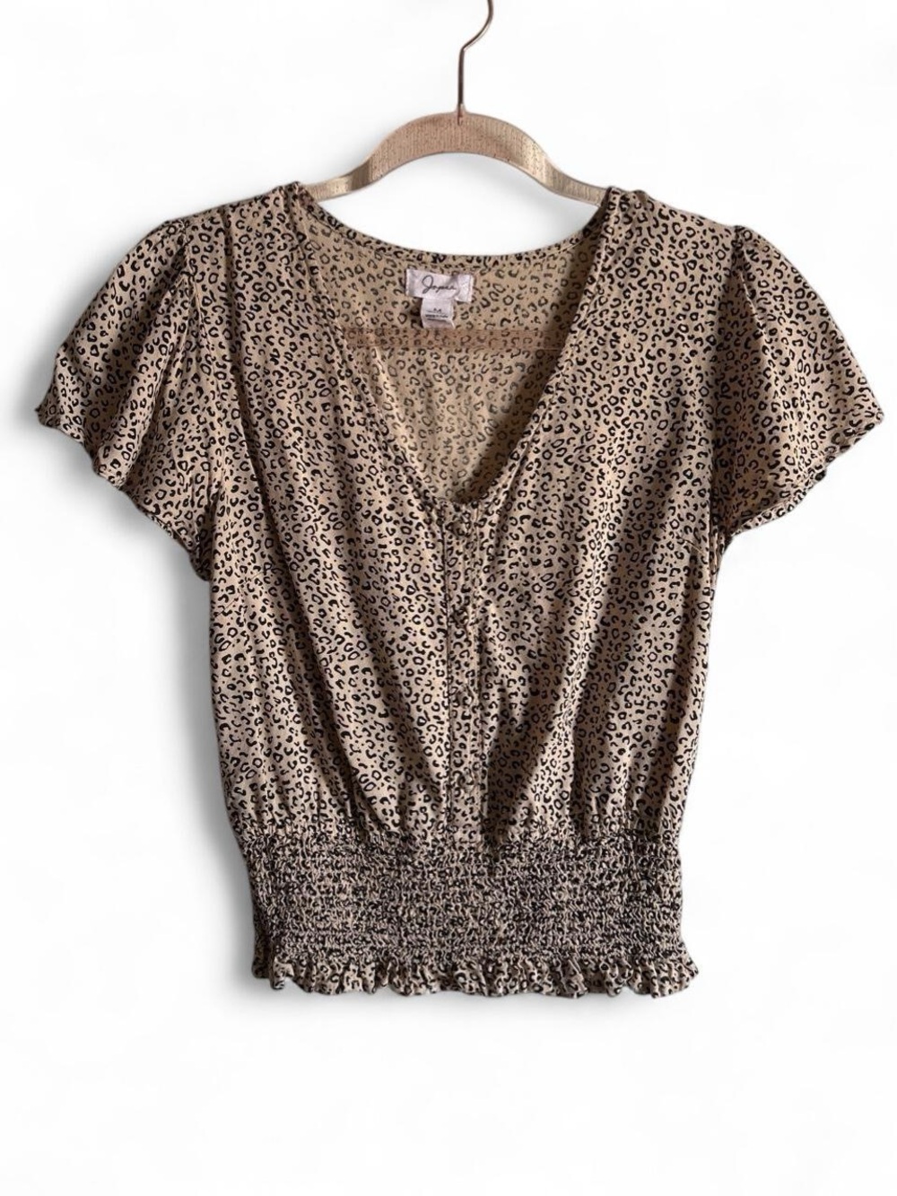 Japna Beige Leopard Print V-Neck Smocked Waist Blouse size M